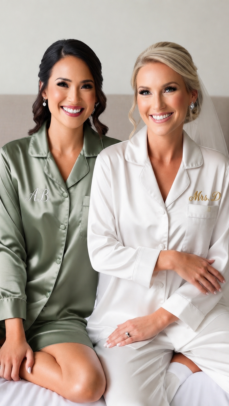 bridal pyjamas, personalised pyjamas, bride gift, wedding morning, satin pyjamas Ireland, bridesmaid gift