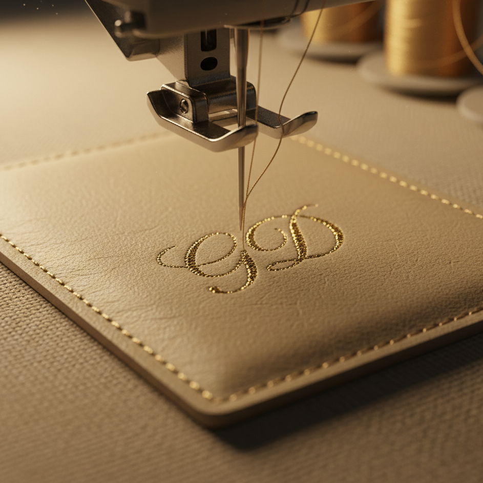 Sewing machine needle stitching initials 'GD' on beige fabric.