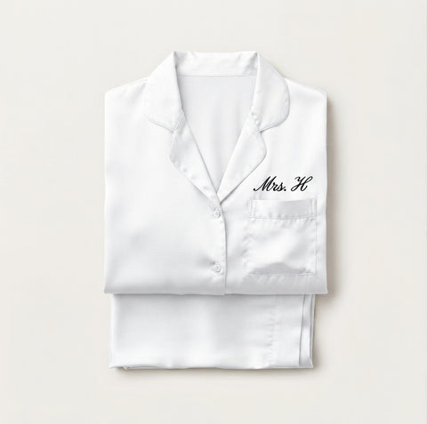 Personalised bridal pyjamas in white satin with embroidered name, made in Ireland by Make It Personal